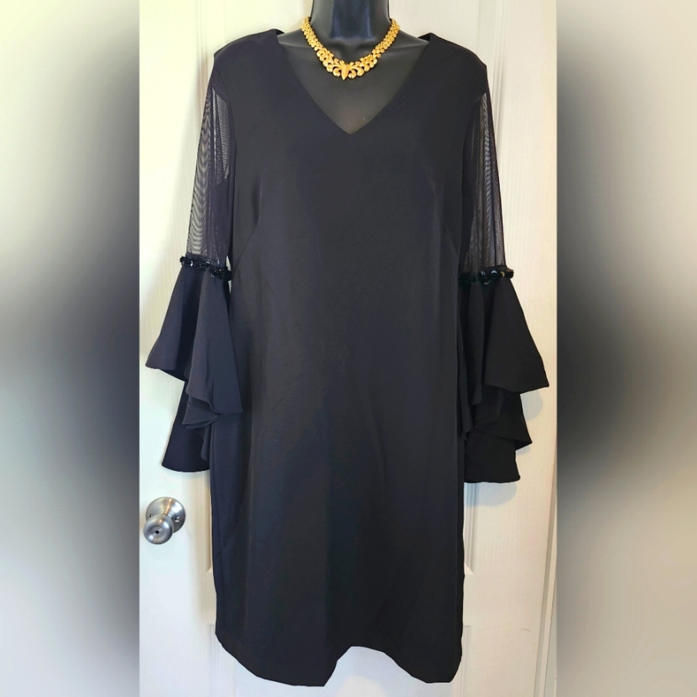 MSK black dress with sheer bell sleeves Size  8 EUC